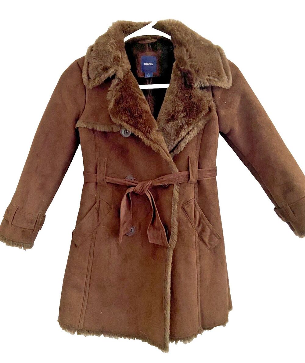 GAP Kids Coat Girl’s Small 6-7 Faux Suede Fur Lined Brown Button Up Belted